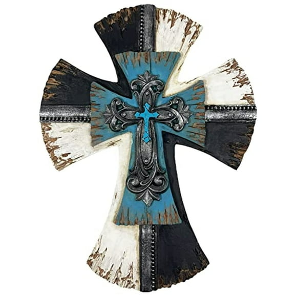 Urbalabs Western Wall Cross Teal Layerd Distressed White Black Rustic Cowboy Religious 9.5" Wall Hanging Cross Country Wall Decor Room Decoration for Office Church Home Faith Love