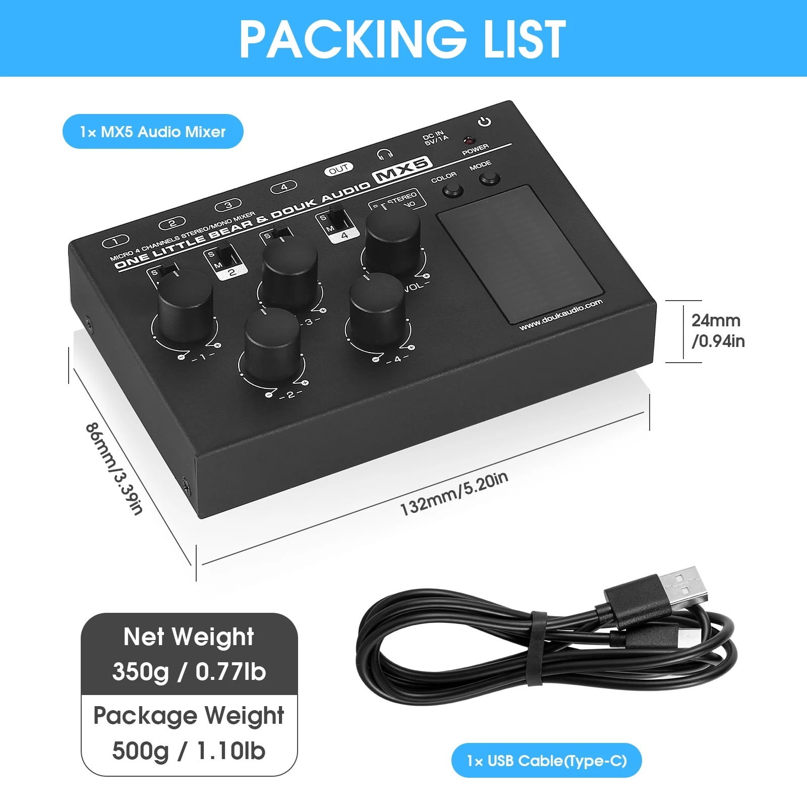 Little Bear MX5 Mono/Stereo 4 Channel Audio Mixer Ultra Low-Noise Line Mixer 6.35/3.5mm LED Level Meter for home/Studio ,Easy to Operate