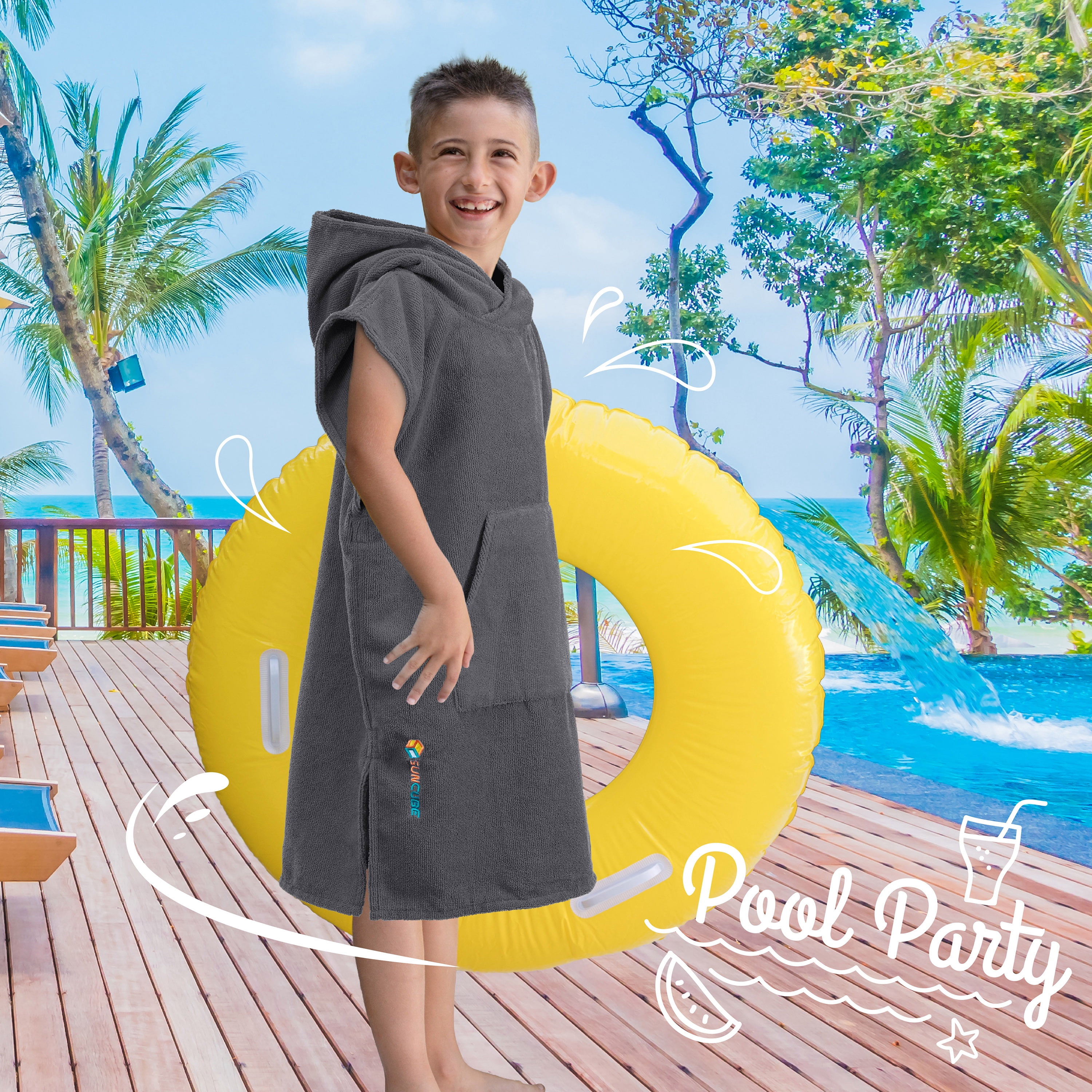 SUN CUBE Kids Changing Robe Surf Poncho, Kids Beach Towels, Hooded Towel For Toddler Bath Pool, Microfiber Quick Dry Wearable Towel Poncho with Hood, Swim Towel for Boys Girls 3-7 Years, Gray