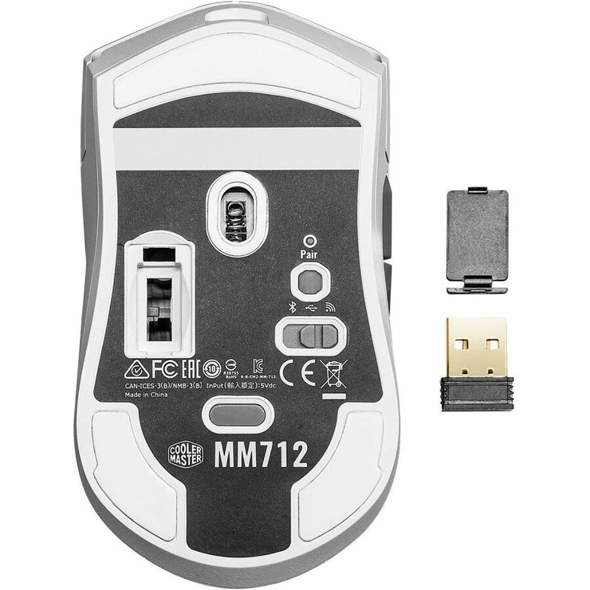 Cooler Master MM712 Gaming Mouse - Optical - Cable/Wireless - Bluetooth - 2.40 GHz - Rechargeable - White - 19000 dpi - 6 Button(s) - Right-handed