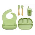 thumbnail image 1 of Set con vaso entrenador bebe + platos de bebe + baberos para bebe + cubiertos I BPA FREE I 5 piezas I Silicona grado alimenticio Happy Life  Kit comida bebe silicona 5 pcs, 1 of 9