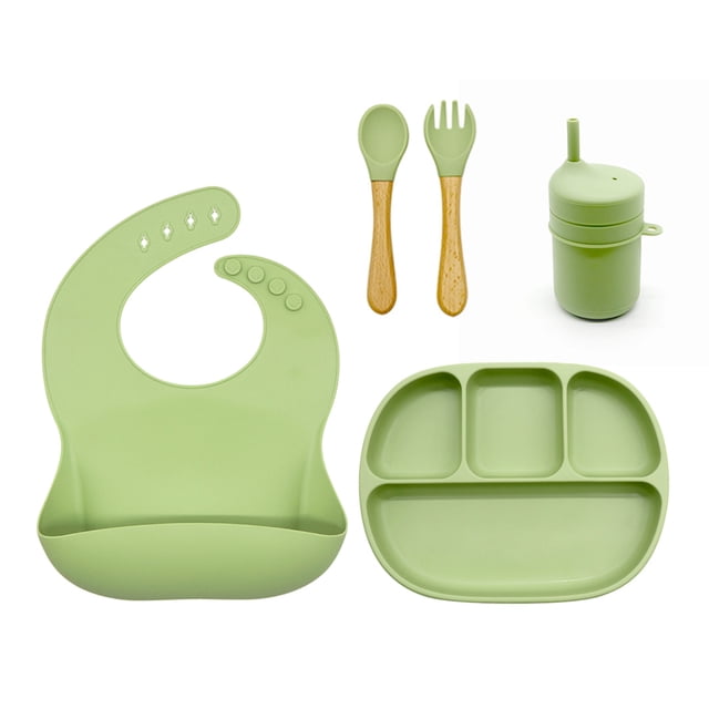 Set con vaso entrenador bebe + platos de bebe + baberos para bebe + cubiertos I BPA FREE I 5 piezas I Silicona grado alimenticio Happy Life Kit comida bebe silicona 5 pcs