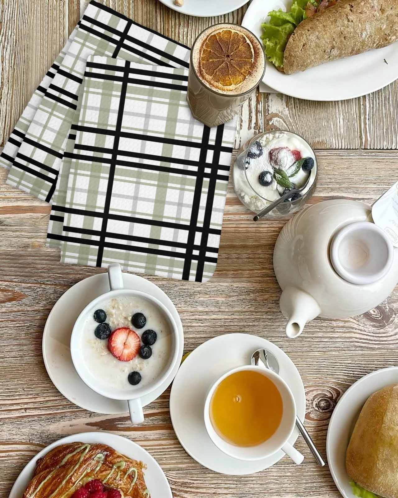 Sage Green Black Plaid Hand Towels Set,Waffle Weave Kitchen Towels 3 Pieces,Microfiber Hair Face Bath Tea Towel Absorbent Quick Drying Cleaning Dish Cloths,Farmhouse Green Black Checkered 15.7"x23.6"