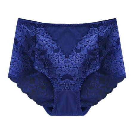 kpoplk Women Sexy Panties Floral Lace Cut Out Thongs Mid Waist Underwear Briefs XL Blue