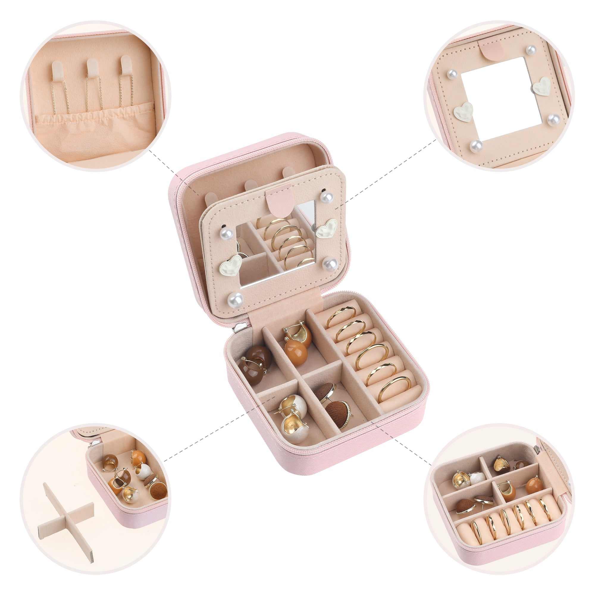 Unique Bargains Jewelry Boxes with Mirror Mini Portable PU Leather Jewelry Organizer Case Pink Letter J