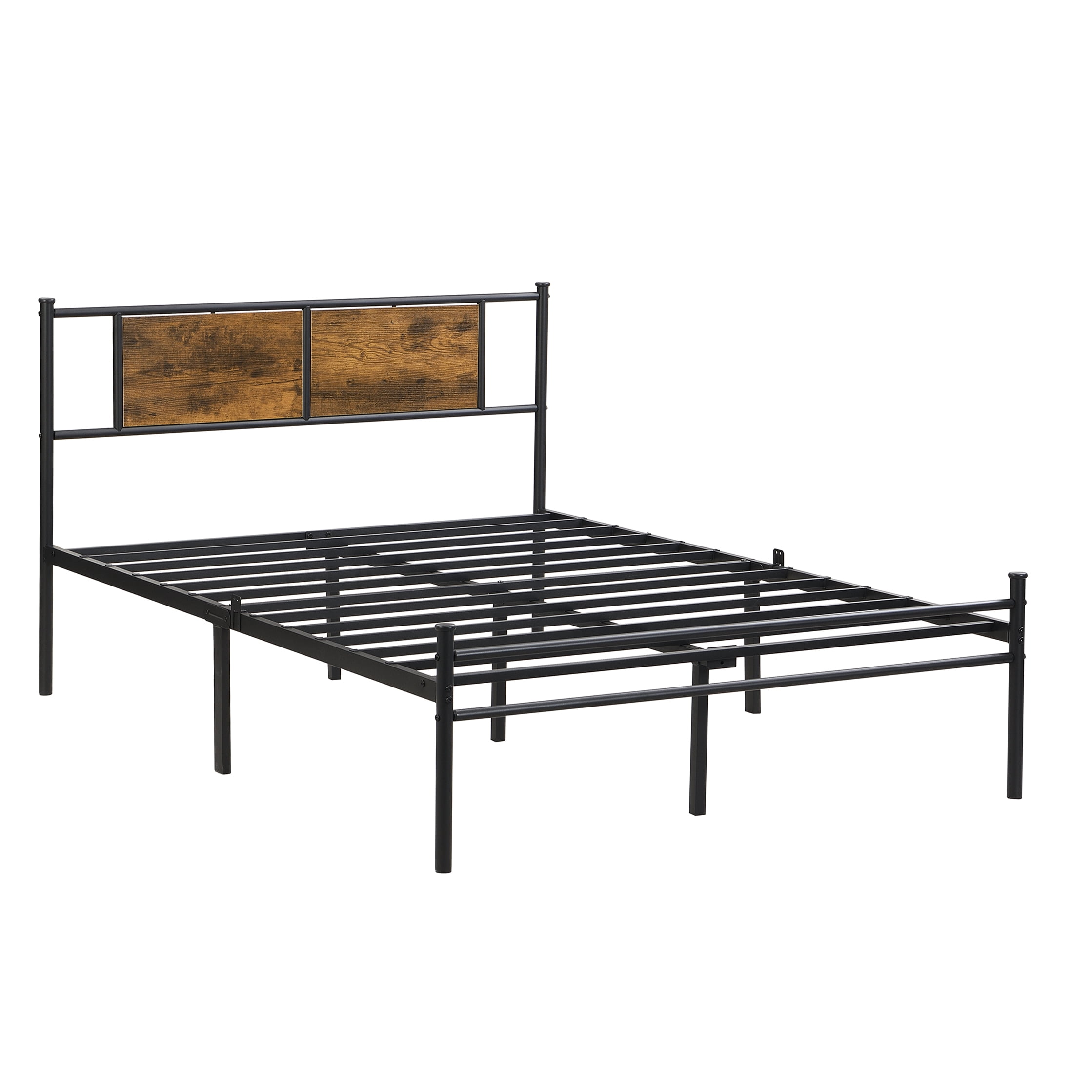 Metal Platform Bed Frame King Size with Wood Headboard and Underbed Storage, No Box Spring, Black Brown