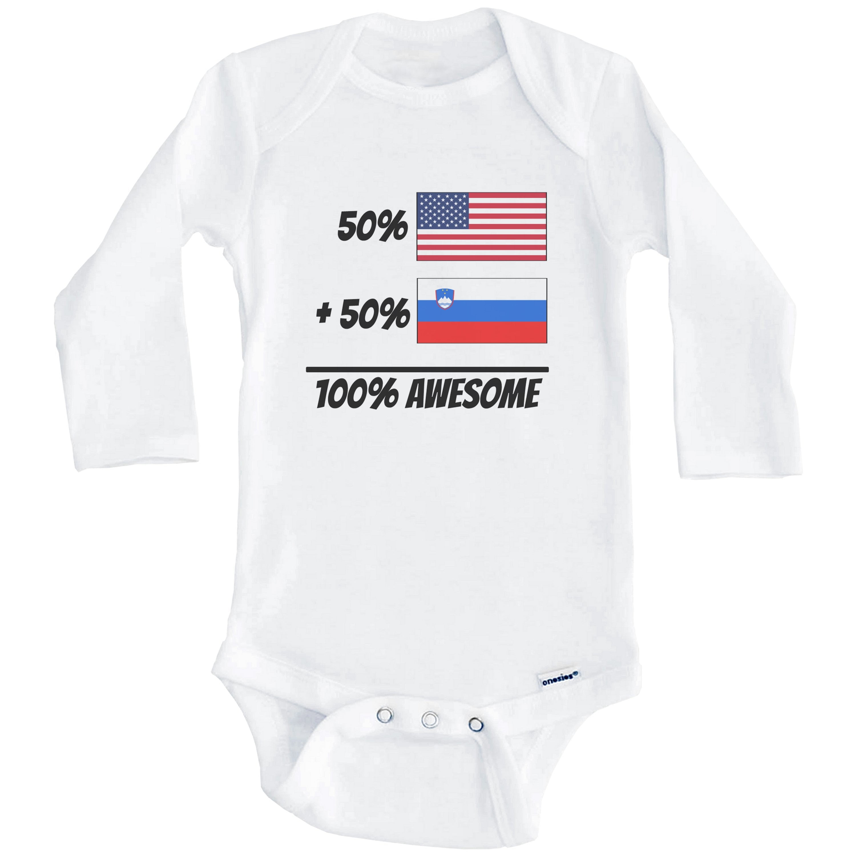 50% American Plus 50% Slovenian Equals 100% Awesome Cute Slovenia Flag One Piece Baby Bodysuit (Long Sleeve), 6-9 Months White