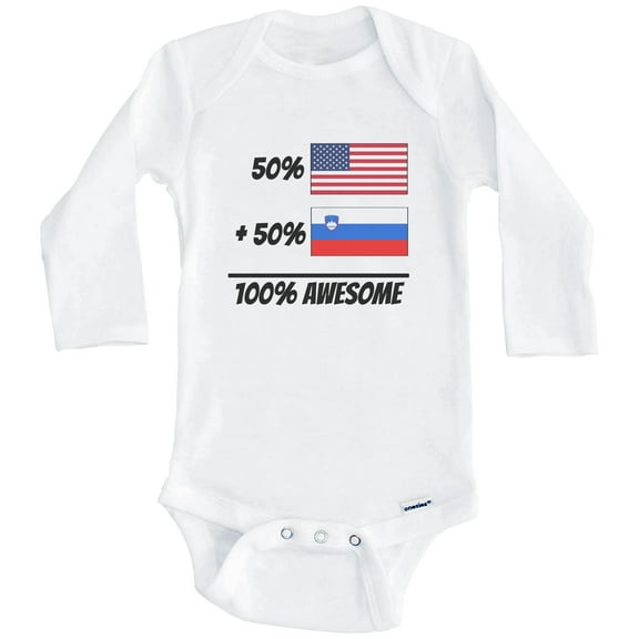 50% American Plus 50% Slovenian Equals 100% Awesome Cute Slovenia Flag One Piece Baby Bodysuit (Long Sleeve), 0-3 Months White