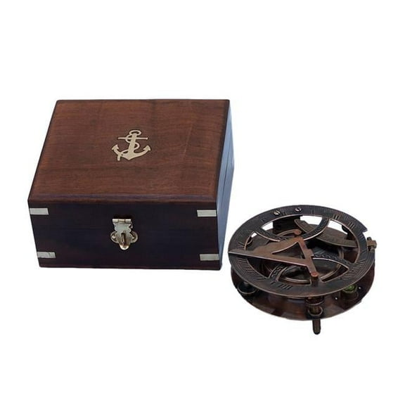 Handcrafted Model Ships CO-0564-AC Round Sundial Compass with Rosewood Box, Antique Copper - 6 in.