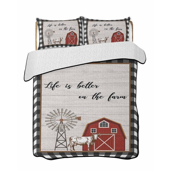 Red Barn Windmill Quilts Bedding Set California King Farm Cattle Wood Grain White Black Plaid Lightweight Quilted Bedspread 3 Piece Bed Quilt with 2 Pillow Shams All Season for Bedroom 96" x 106"