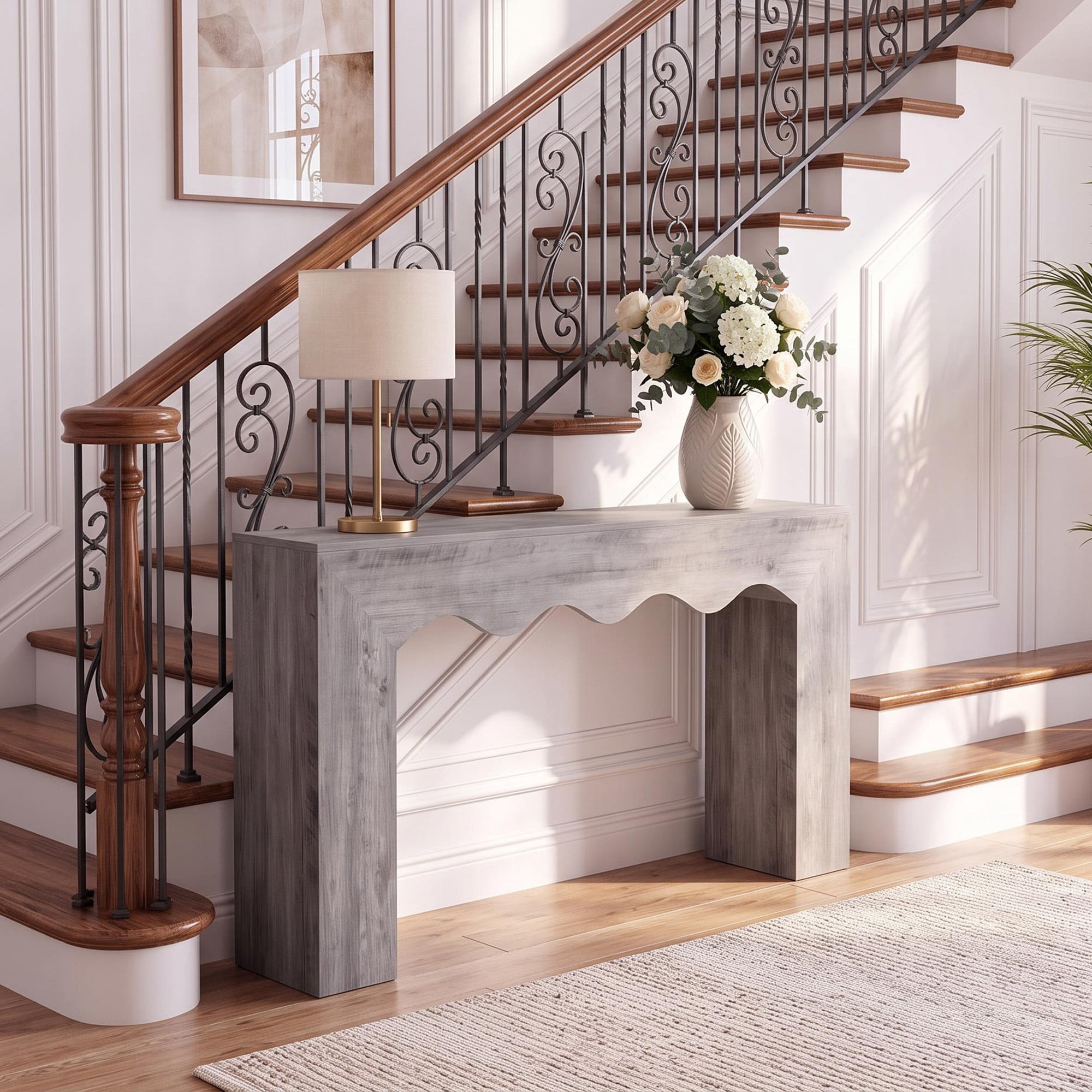 63" Farmhouse Console Table, Wooden Texture Entryway Table with Wave Design, Sturdy Sofa Table Behind Couch, 300LB Capacity Hallway Table for Living Room, Gray