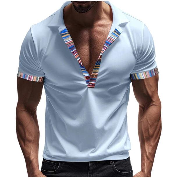 Blusa y camisa de manga corta con cuello vuelto para hombre, informal, de verano, de poliéster, con cuello vuelto y retazos.