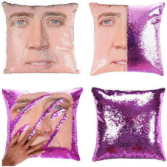 Nicolas Cage Sequin Throw Pillow Cover Magic Reversible Funny Sequin Pillow Case Decorative Cushion Cover 16x16 Inches (Black)