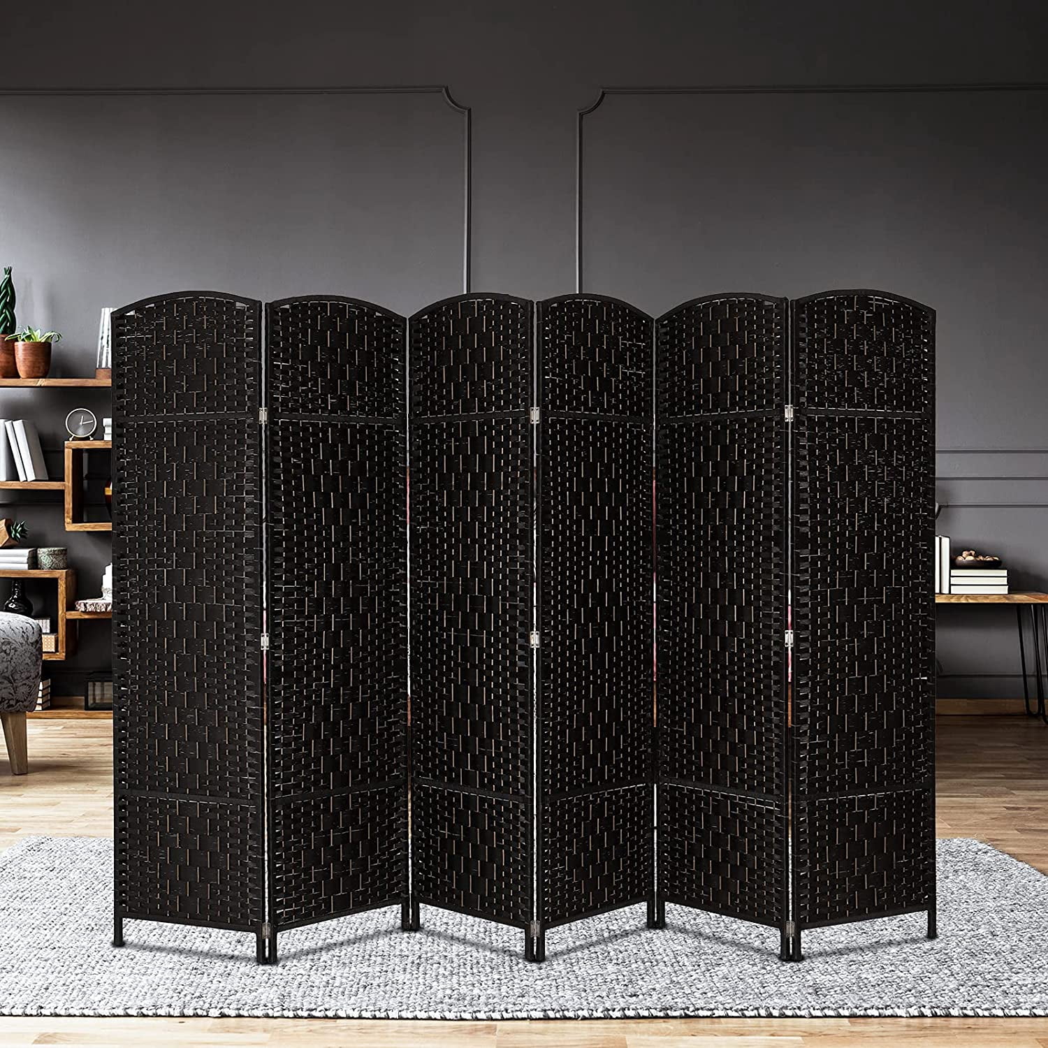 WBTER 6-Panels Tall Rattan Room Divider, 6 FT Folding Privacy Screen, Indoor Partition Wall Dividers, Freestanding Hinged Space Separator (Black)