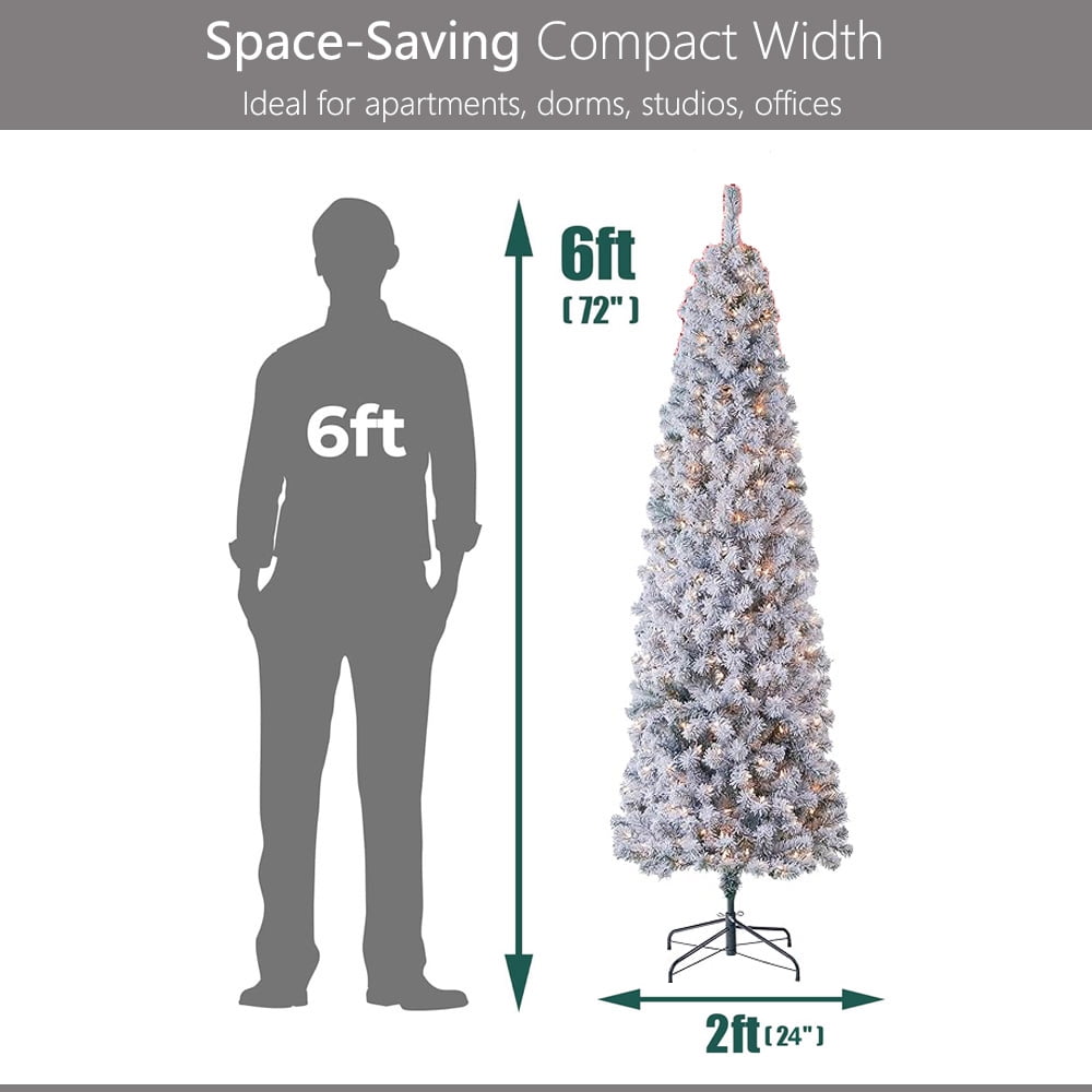 Abble 6FT Snow Flocked Artificial Slim Pencil Christmas Tree with LED Warm White Lights and Metal Stand
