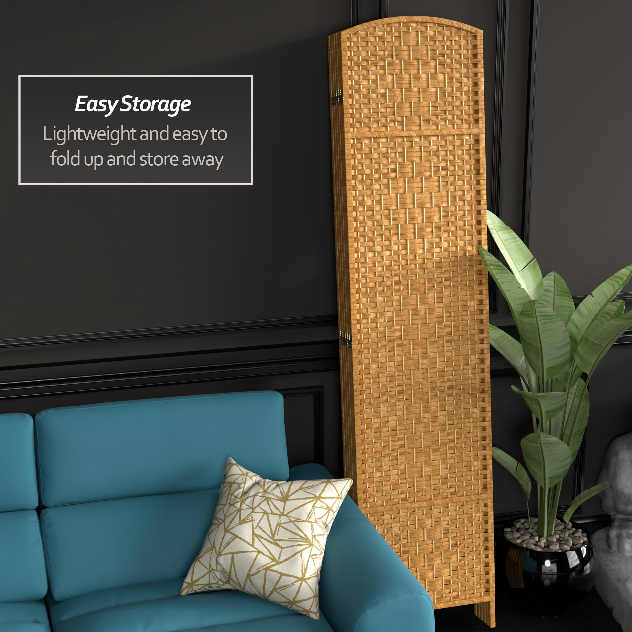 7 ft. Tall Rattan Fiber Diamond Weave Privacy Screen Room Divider - Light Beige - 6 Panels