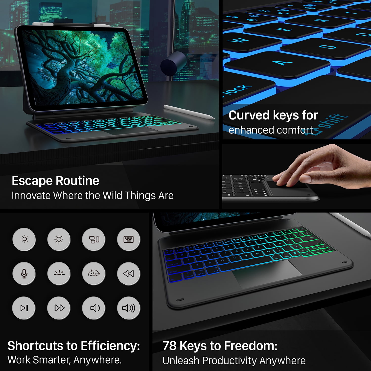 typecase Keyboard for iPad 11th Gen(A16, 2025) & iPad 10th Gen (10.9", 2022) - 11 Colors Backlit, Thin, Multi-Touch Trackpad, Magnetic, Pencil Holder - Black
