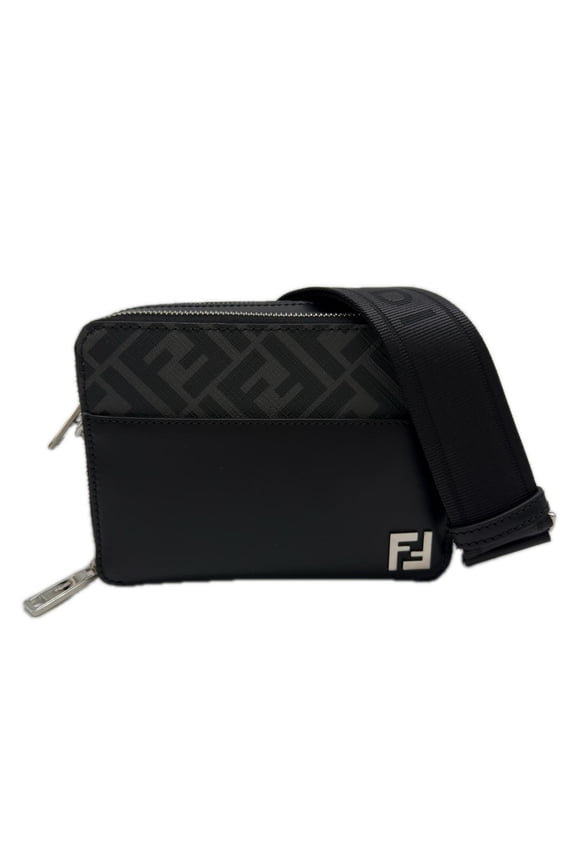 Pre-Owned FENDI Square FF Camera Case 7M0357 Shoulder Bag Black Gray Calf Leather Canvas Women's