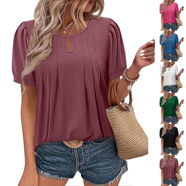 Fanxing Hauts pour Femmes T-Shirts Plissés devant Blouses Décontractées à Manches Courtes Tunique d'Été Bleu,L