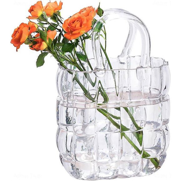 Glass Purse Vase Blue Glass Bag Vase With Handle Handbag Shape Vase Flowers Farmhouse Decoration Handmade Wide Mouth Glass Vase Suitable For Office Ho