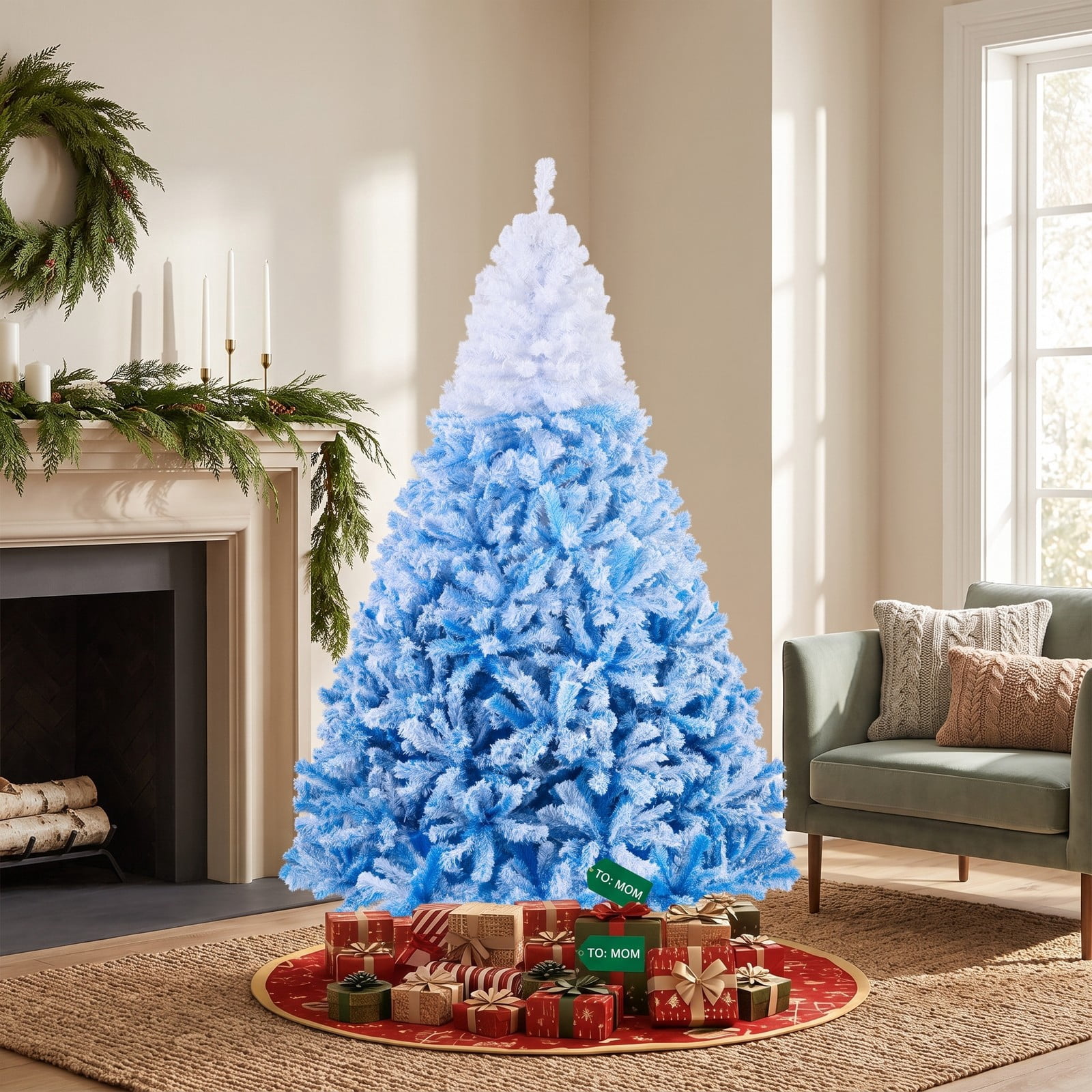 RUIE 7 FT Artificial Christmas Tree with 350 Warm White LED Lights and 8 Modes, Snow Flocked Hinged Prelit Xmas Tree with Foldable Metal Stand, White & Blue