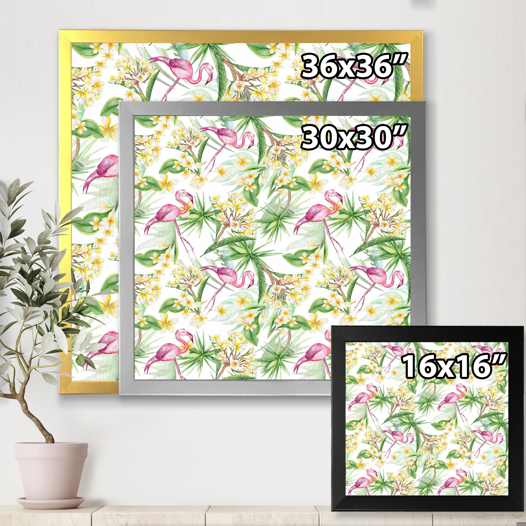 Designart 'Yellow Flowers, Tropical Foliage With Flamingo IV' Modern Framed Art Print
