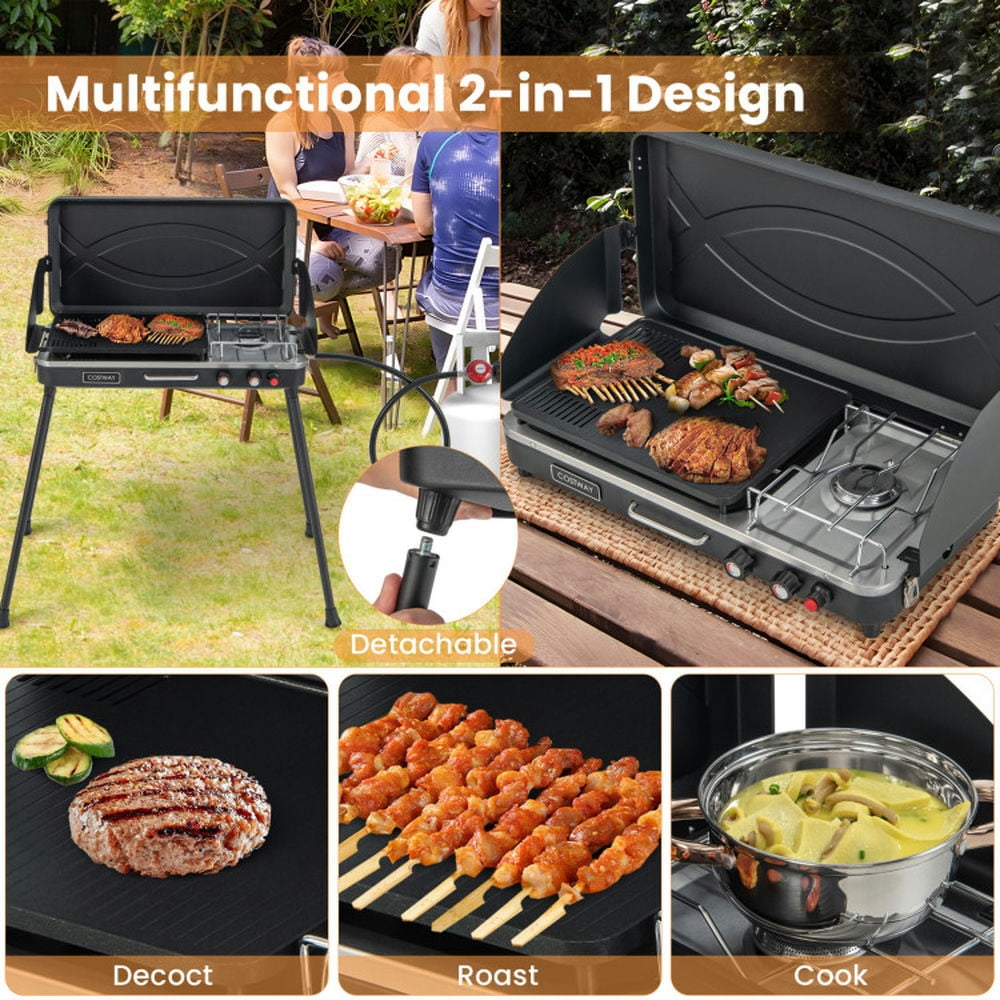 Spaco 2-in-1 Gas Camping Grill and Stove with Detachable Legs-Black, Camp Stove for Outdoor Cooking