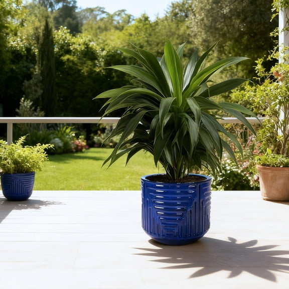 16" Dia Round Planters for Indoor Plants, Large Outdoor Planters with Drainage Holes, Ceramic Plant Pots Indoor & Outdoor for Home Garden Patio - Dark Blue