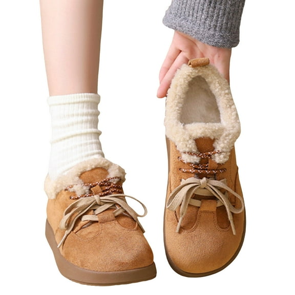 Womens Snow Boots Fashion Splice Suede Low Top Lace up Fuzzy Winter Casual Walking Shoes Outdoor Antislip Ankle Booties