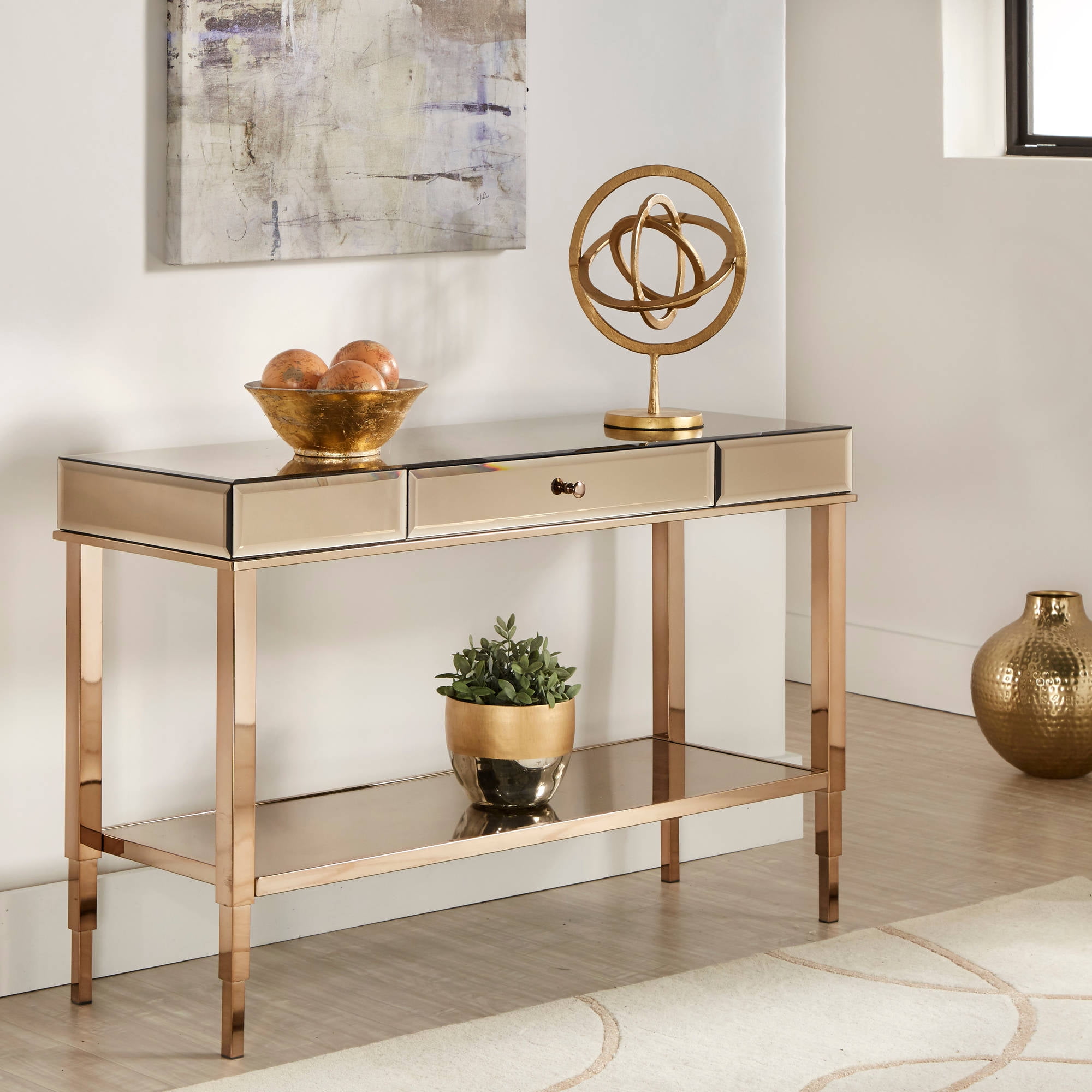 Chelsea Lane Pacey Mirrored Sofa Table with Metal Frame, Champagne Gold