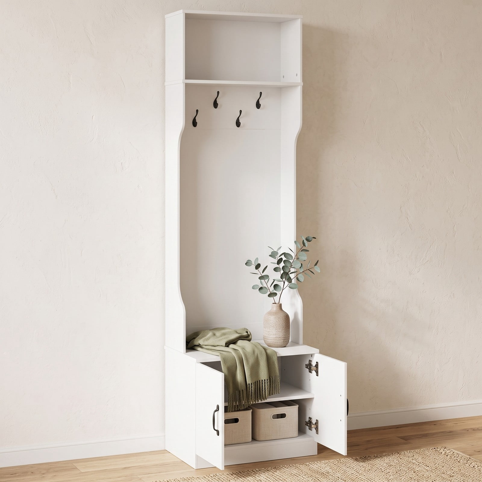Furnibear 3 in 1 Hall Tree with Bench Shoe Cabinet and 4 Double Hooks 23.5 Inch Wide Mudroom Storage for Entryway, White