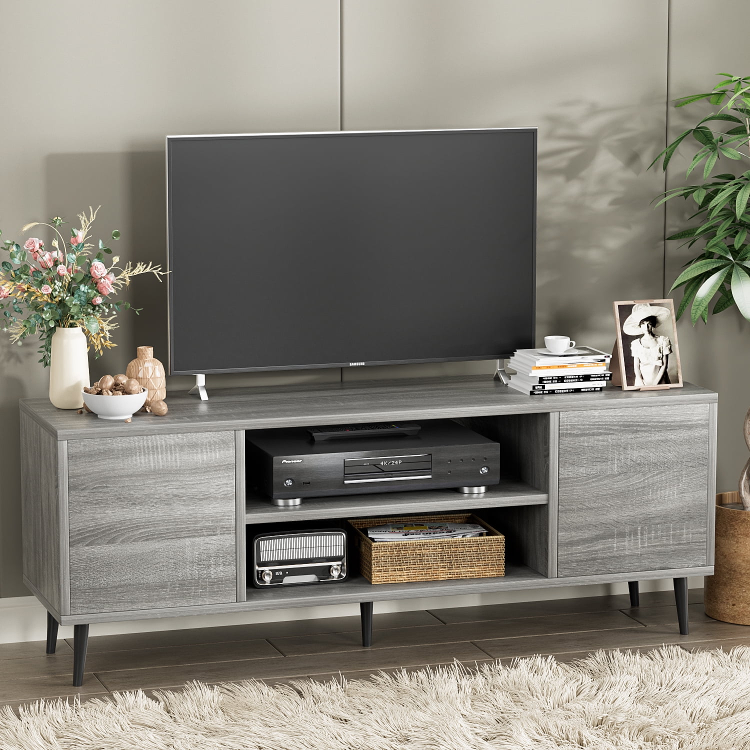 Furmax Mid-Century 2-Door TV Stand for TVs up to 65", Gray