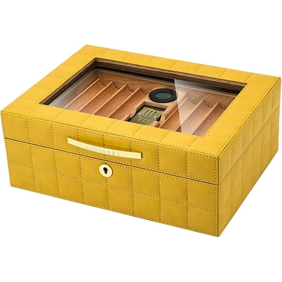 Glass Top Cigar Humidor, Cedar Cigar Desktop Box, with Hygrometer and Divider, Spanish Cedar Tray Divider, Holds 30-50 Cigars,Yellow