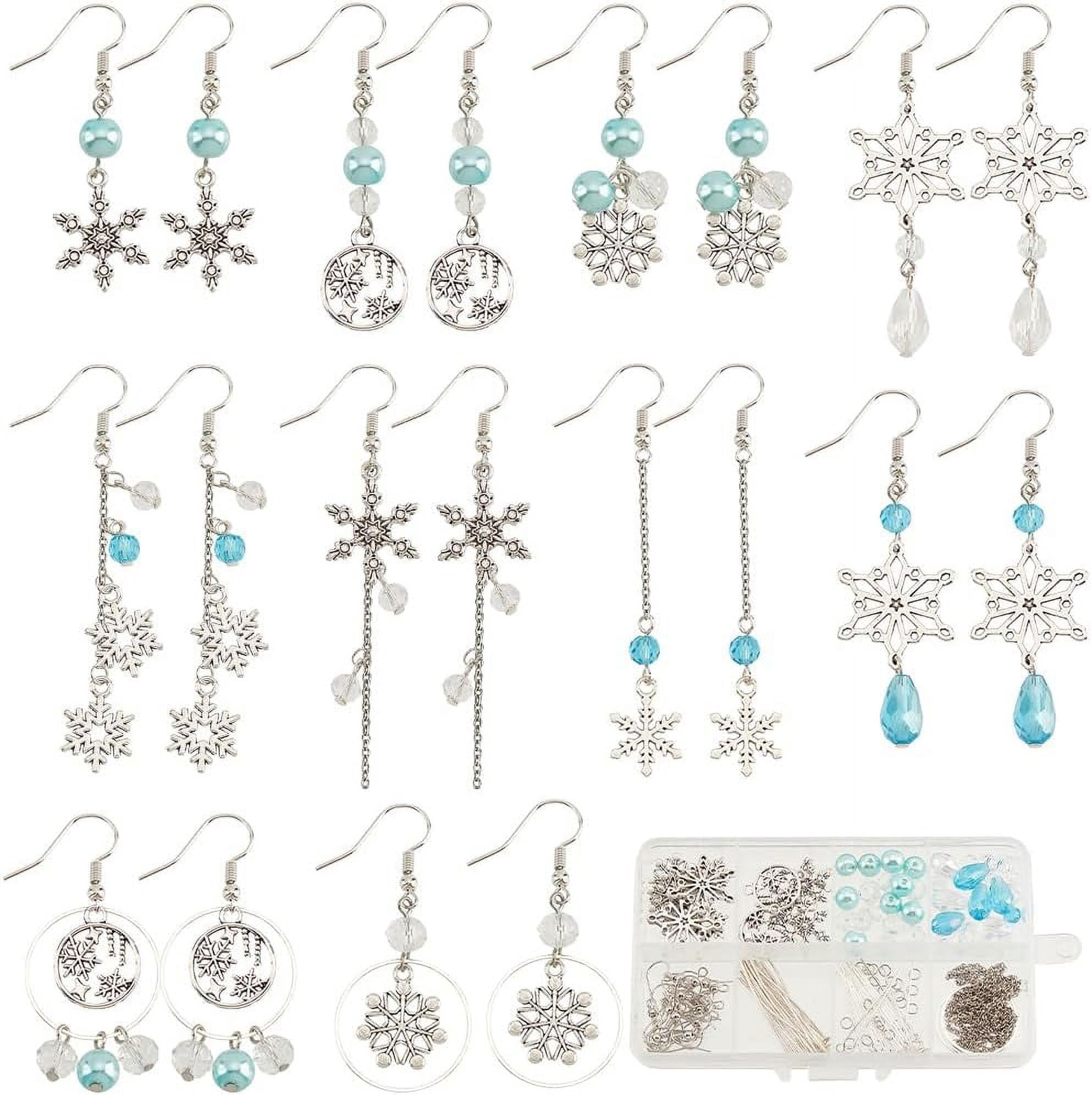 DIY 10Pairs Christmas Charms Earrings Making Kit Antique Silver Snowflake Charms Winter Blue Faceted Glass Beads Linking Rings Dangle Earring Hooks