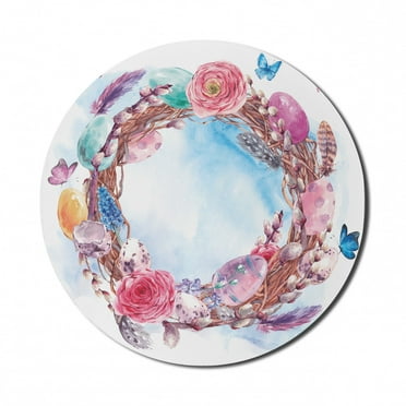 Spring Mouse Pad for Computers, Floral Wreath with Branches Butterflies Feathers Happy Harvest Season Watercolor Art, Round Non-Slip Thick Rubber Modern Mousepad, 8" Round, Multicolor, by Ambesonne