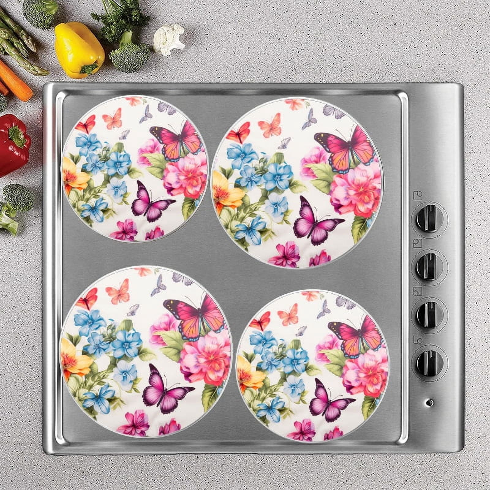 BaHomeck Electric Stove Burner Covers Set of 4,Round Metal Gas Stove Burner Covers 8 Inch and 10 Inch,Kitchen Decor,Vibrant Floral Print With Colorful Butterflies And Flowers