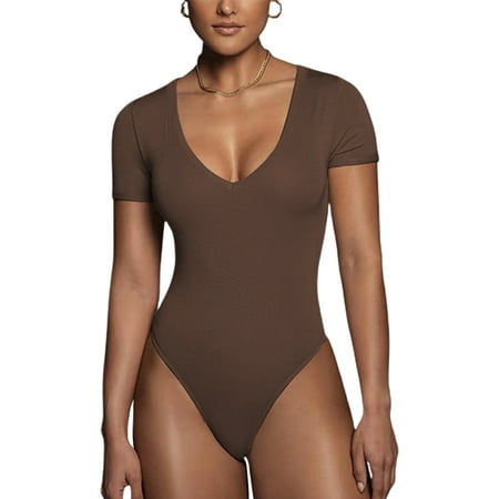 Women s solid color sportswear summer short-sleeved V-neck sexy bodysuit