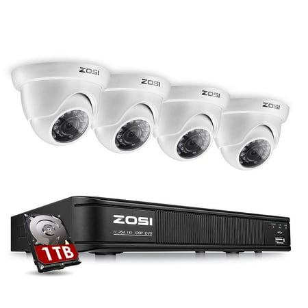 ZOSI 8-Channel 720p HD-TVI Security Camera System,1080P Lite Video DVR Recorder (1TB HDD Installed) and 4 x 1280TVL Weatherproof Dome Camera Outdoor/Indoor with Day Night (Best Self Installed Home Security Camera System)