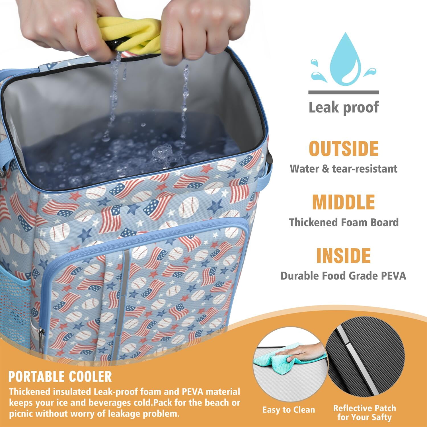 Travel Cooler Bag - Blue Baseballs and USA Flags Pattern Camping Beer Cooler Backpack with Bottle Opener- Waterproof Insulated Picnic Backpacks - Cooler Bag for Beach