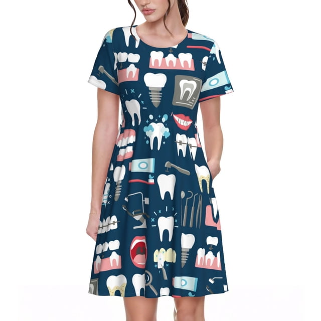 Vsdgher Robe Dentaire pour Femmes Été 2025 Décontractée Midi Maxi Légère à Manches Courtes à Col Rond Robe de Plage