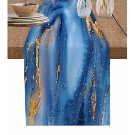 Ldtrchee Blue Marble Table Runner 72 Inches Ink Painting Modern Abstract Ombre Bed Runner Dresser Scarves Tabletop for Indoor Outdoor Parties/Ceremony/Banquet 13 x 72