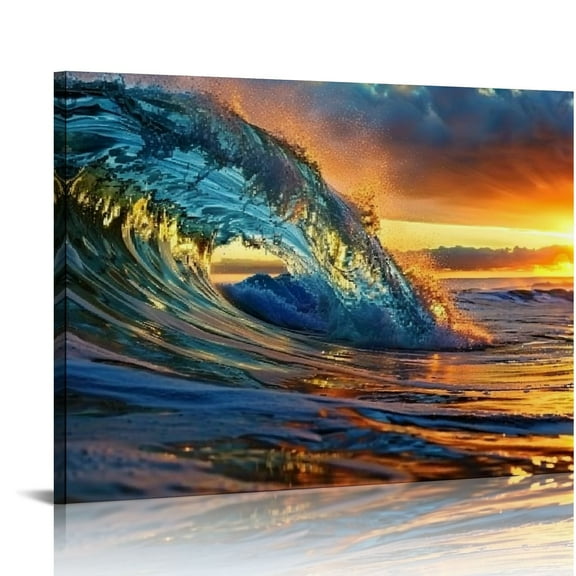 Orinice Wave Water Wall Art Canvas Prints Ocean Waves Pictures Paintings with Sunset Blue Seascape Framed for Living Room Bedroom Kicthen Office Artwork 20x16in