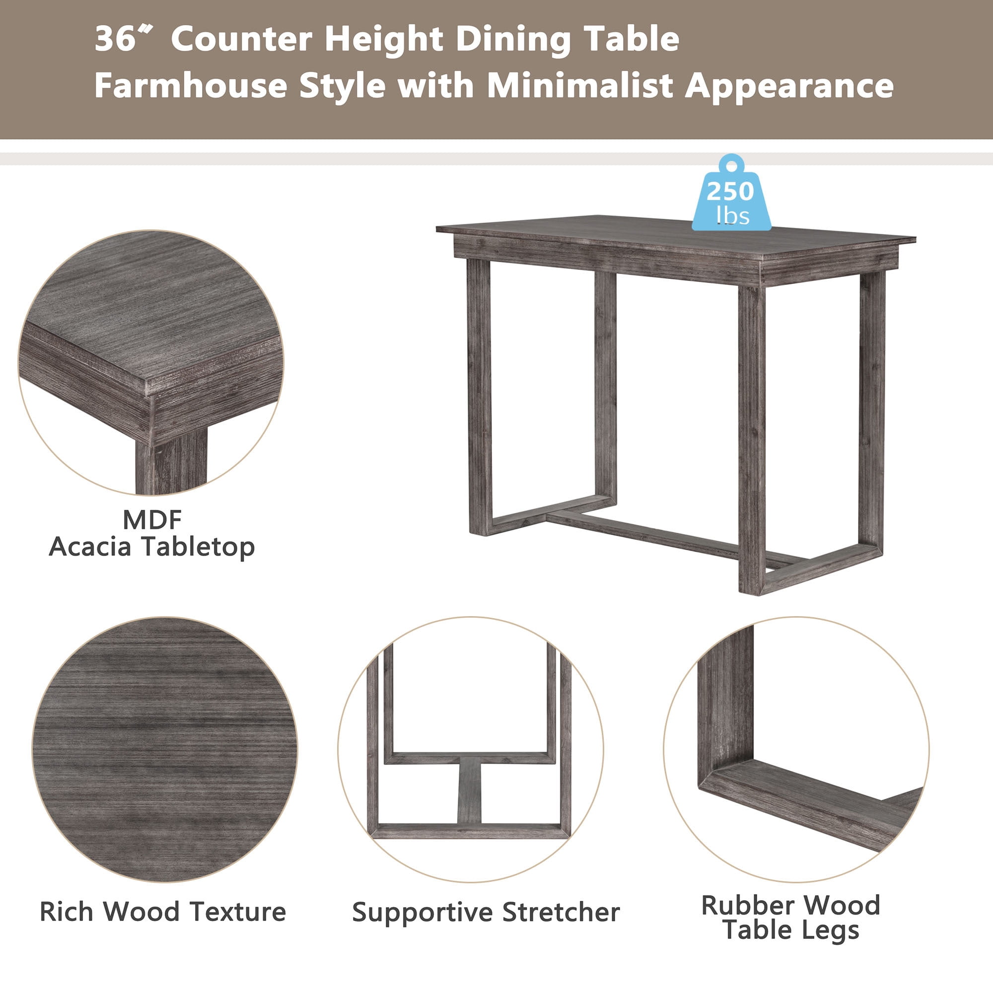 EUROCO 5-Piece Solid Wood Counter Height Dining Table Set for 4,47.2" Dining Room Set with One Rectangular Table and 4 Fabric Chairs,Rectangle Dining Table Set for 4
