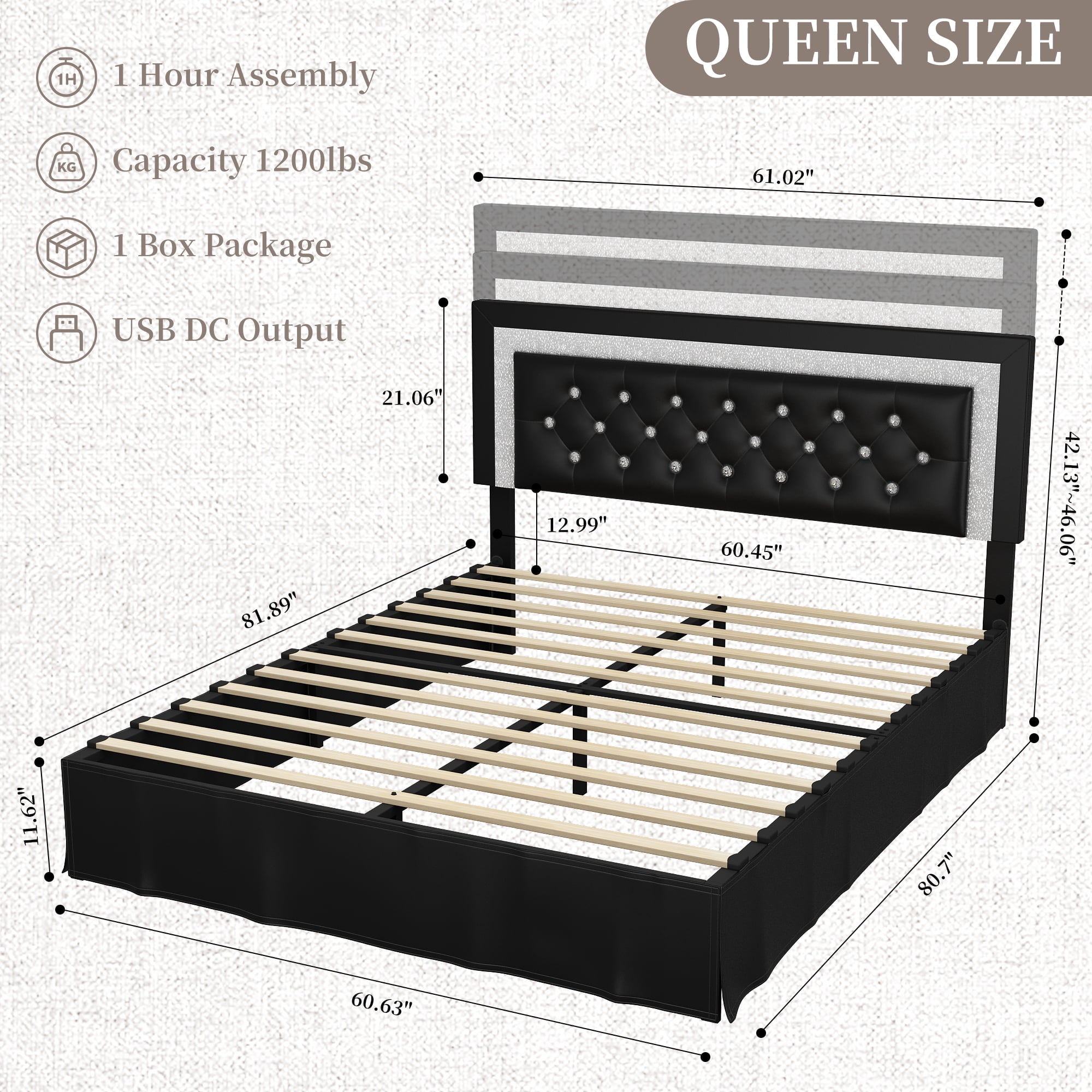 SIBEDS Queen Upholstered Bed Frame with Adjustable Headboard and LED Lights, Black PU Tufted Diamond Button, No Box Spring Needed, Noise Free
