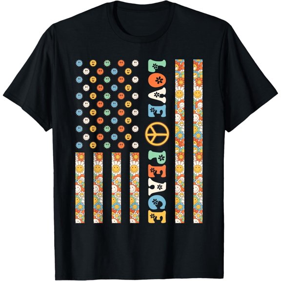 Usa Flag Love And Peace Groovy 60S 70S T-Shirt Size S-5XL