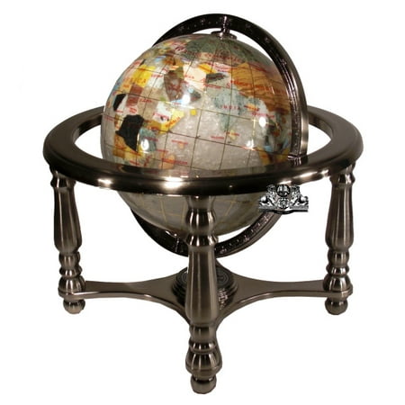Classic Globe Stand Unique Art 10-Inch Tall Pearl Swirl Ocean Gemstone World Globe with 4 Leg Silver Stand ()