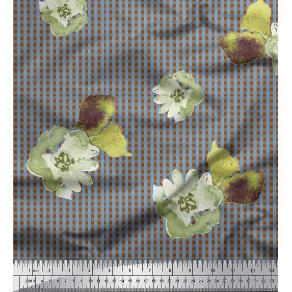 Soimoi Brown Georgette Viscose Fabric Watercolor Flower & Check Print Sewing Fabric Yard 42 Inch Wide