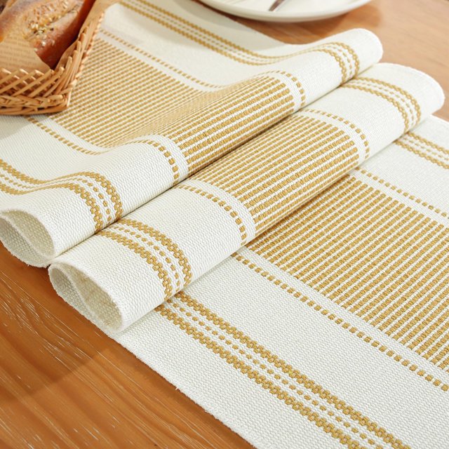 Camino de mesa Niviy Gold, 30 x 183 cm, con borlas y lino