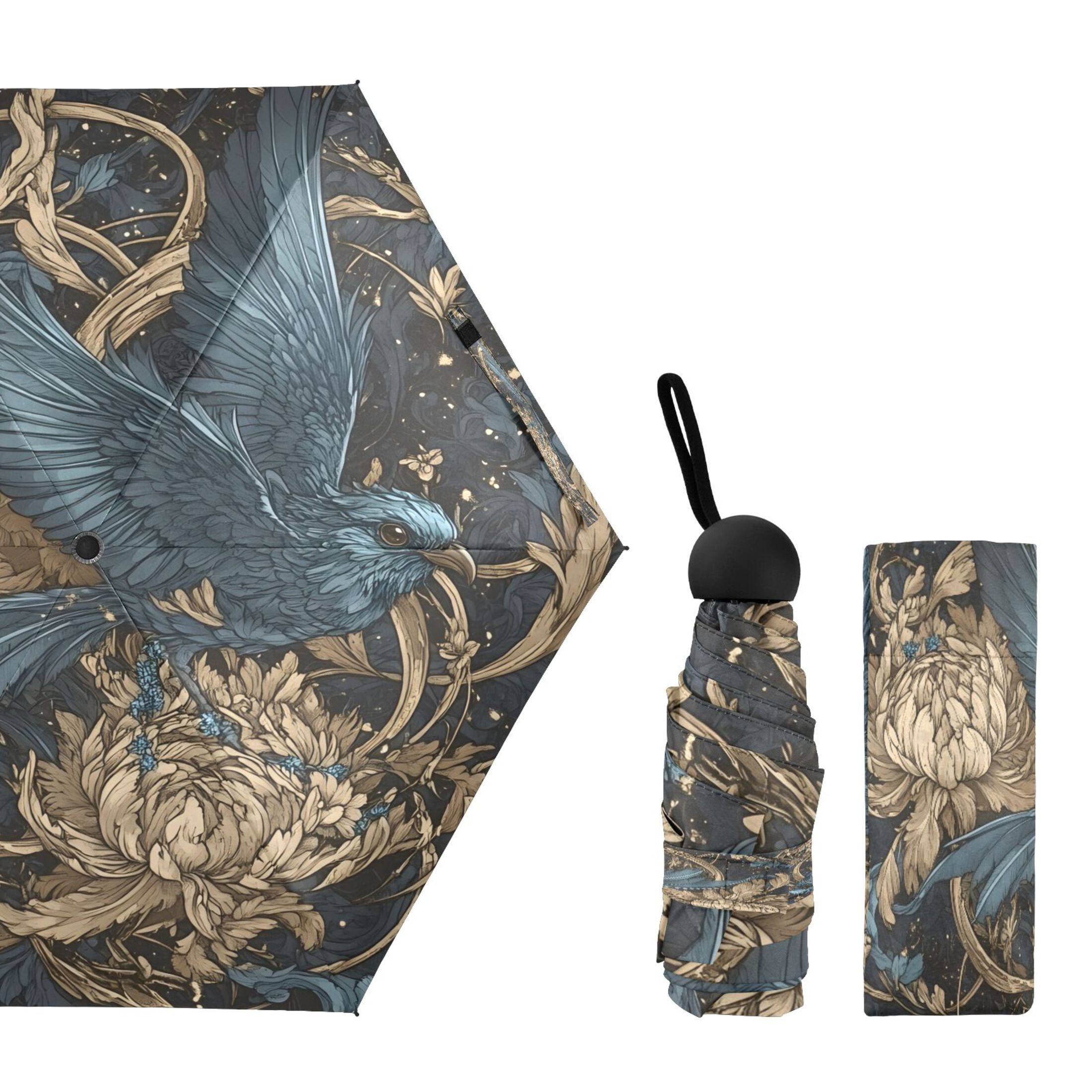 Epiphyllum and Crow Umbrellas for Sun Auto Open Close UV50+ Waterproof 5-Fold Compact Fiberglass Frame