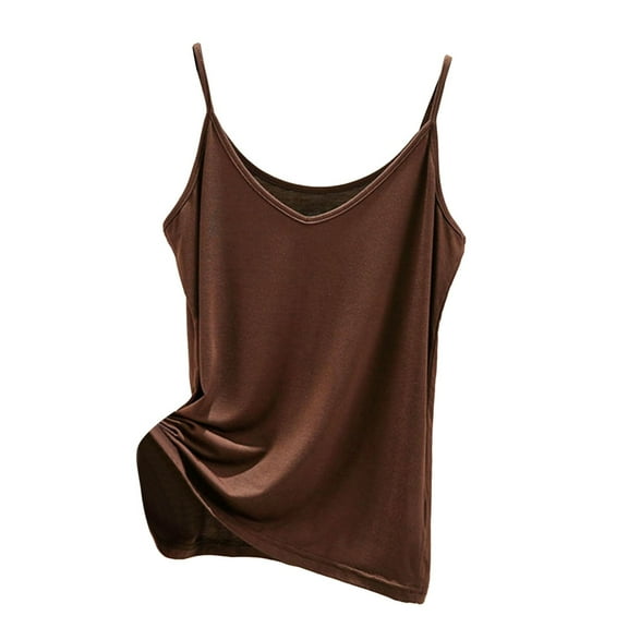 PMVFHDE Women Solid Color V Neck Thin Strap Camisole Sleeveless Fitted Vest Tank Top For Women For Innerwear Layering Coffee,M